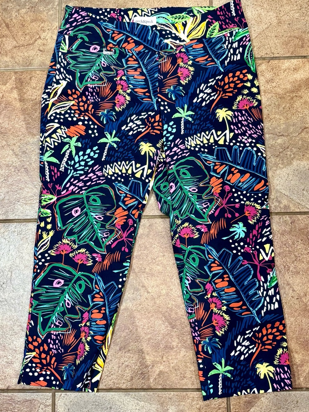 Peck & Peck Navy Tropical Print Capri Pants-Size 12